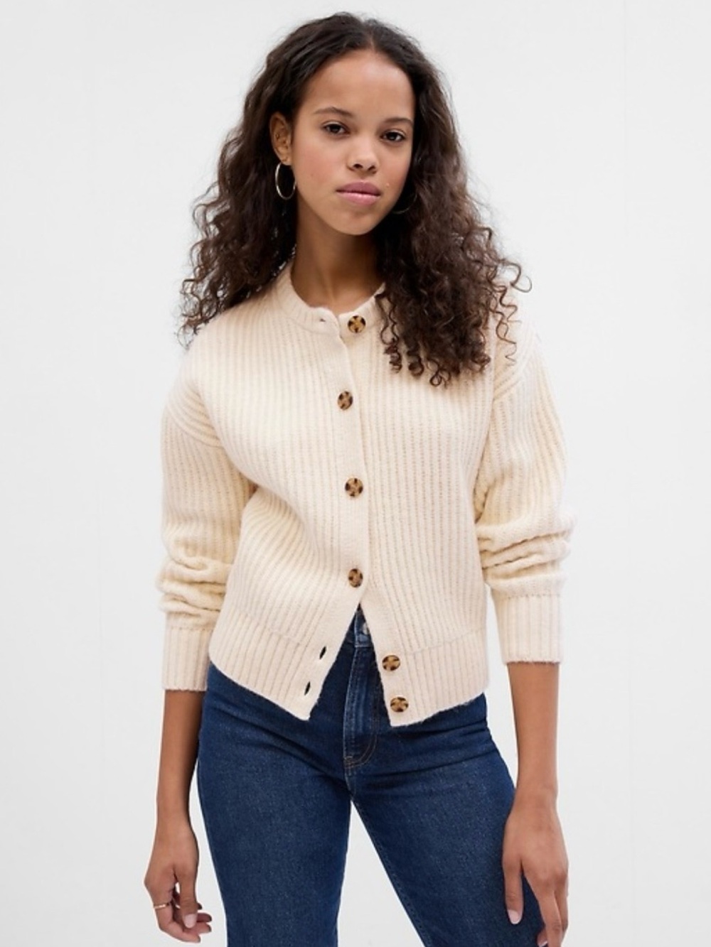 Gap chunky cream knit cardigan alpaca wool blend brown tortoiseshell buttons L